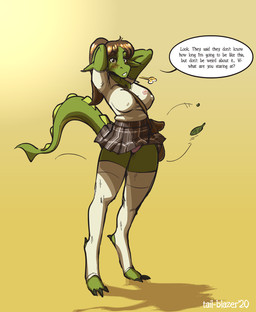 anthro big_breasts blush bottomwear breasts brown_hair claws clothed clothing dialogue female green_body green_scales hair hands_behind_head implied_transformation leggings legwear looking_at_viewer nipple_outline non-mammal_breasts panties ponytail scales school_uniform simple_background skirt solo tail tail_under_skirt talking_to_viewer text thigh_highs underwear uniform upskirt wind yellow_background tail-blazer mythology dragon mythological_creature mythological_scalie scalie 2020 digital_media_(artwork) english_text hi_res shaded