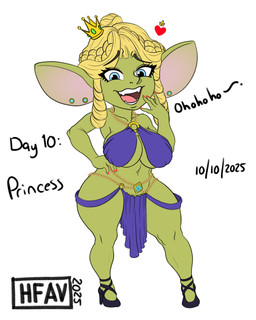 big_breasts big_ears black_clothing black_footwear black_high_heels blonde_hair blue_eyes breasts clothing colored_nails crown ear_piercing eyelashes female footwear front_view green_body green_skin hair hand_on_hip headgear heart_symbol high_heels humanoid_pointy_ears looking_at_viewer nails navel open_mouth open_smile piercing pointy_ears purple_clothing red_nails shoes simple_background smile solo text thick_thighs white_background wide_hips h-fav gobtober goblin humanoid 2025 4:5 absurd_res hi_res