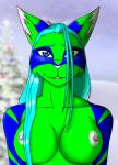 anthro blue_eyes blue_hair breasts eyebrows female fur green_body green_fur green_inner_ear_fluff hair happy heart_symbol holidays inner_ear_fluff looking_at_viewer multicolored_body multicolored_fur nipples outside pink_nipples pink_nose plant solo teal_eyebrows teal_hair tree tuft gtoyaannno christmas tania felid feline mammal