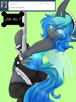 bottomwear butt clothed clothing dancing dialogue female flat_chested glowing glowing_eyes horn insect_wings legwear looking_at_viewer looking_back maid_uniform panties pole pole_dancing shorts simple_background solo stockings tail text topless underwear uniform wings rainbowscreen friendship_is_magic hasbro my_little_pony mythology jewel_(rainbowscreen) arthropod changeling_(mlp) equid equine mammal mythological_creature mythological_equine winged_unicorn 3:4 digital_media_(artwork) english_text hi_res shaded