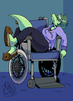 animal_slippers anthro big_tail clothing detailed_background disability female fingers footwear freckles green_body green_hair green_scales grey_eyes hair hoodie inside long_tail looking_at_viewer paraplegic scales shoes short_hair sitting slippers snout solo tail text topwear vehicle wheelchair yellow_sclera mothscythe cavemanon_studios i_wani_hug_that_gator olivia_halford baryonyx dinosaur prehistoric_species reptile scalie spinosaurid theropod 2024 absurd_res artist_name digital_drawing_(artwork) digital_media_(artwork) hi_res signature