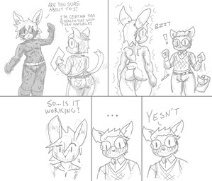 anthro blush bottomwear bulge clothing dialogue dropping_object duo eye_contact eyewear flexing glasses holding_object invisibility_suit looking_at_another male pants pen shirt smile technically_clothed text topwear vest stormwolfbaron domestic_cat felid feline felis lagomorph leporid mammal rabbit 2019 comic english_text monochrome sketch