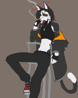 accessory anthro cigarette clothing crop_top dog_tags fingerless_gloves gloves hair hair_accessory hairclip halo handwear male metal_chair multicolored_body multicolored_hair navel navel_piercing oversized_clothing piercing red_eyes relaxing scar shirt simple_background sitting sleeveless_clothing smoking smoking_cigarette solo topwear two_tone_body 9live kyu_(9live) domestic_cat felid feline felis mammal hi_res