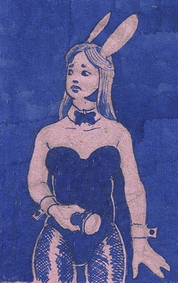 bow_tie bunny_costume clothing costume darkness ears_back female flashlight hair legwear long_hair pivoted_ears scared solo standing stockings swimwear adeptus-monitus humanoid lagomorph leporid mammal rabbit traditional_media_(artwork)