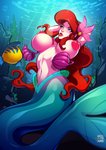 big_breasts blue_eyes bodily_fluids bra breasts clothing duo female feral hair hands_behind_head inverted_nipples lactating long_hair milk nipples raised_arms red_hair seashell_bra split_form underwater underwear wardrobe_malfunction water pupuliini disney the_little_mermaid_(1989) ariel_(disney) flounder_(disney) fish humanoid marine merfolk hi_res