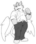 anthro belt male one_eye_closed open_mouth simple_background smile solo standing white_background wings wink wristband samoi_chan lifewonders tokyo_afterschool_summoners sitri_(tas) domestic_cat felid feline felis mammal line_art monochrome