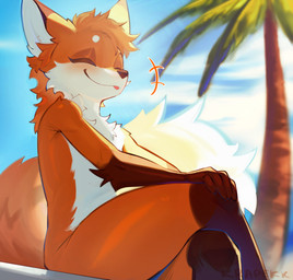 5_fingers anthro beach blep blush blush_lines brown_body brown_fur brown_nose cheek_tuft chest_tuft circle_eyebrows cloud countershading crossed_legs day dipstick_ears dipstick_tail ear_markings eyebrows eyelashes eyes_closed facial_tuft fingers fluffy fluffy_tail fur gloves_(marking) hair happy leg_markings male markings multicolored_ears neck_tuft orange_body orange_fur orange_hair outside palm_tree plant sitting sky smile socks_(marking) solo tail tail_markings text tongue tongue_out tree tuft white_eyebrows white_inner_ear krapekk canid canine fox mammal 2026 absurd_res artist_name hi_res icon
