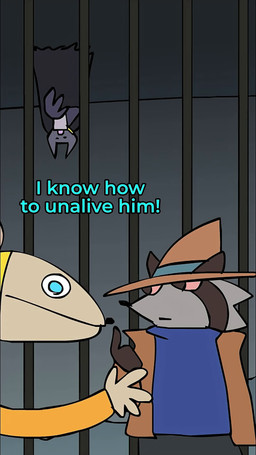 anthro apron asking asking_another avian_caruncle beak biped black_markings black_mouth black_nose blue_eyes blue_text brown_body brown_clothing brown_feathers brown_hat brown_headwear brown_jacket brown_topwear clothing color_coded_text comb_(anatomy) ellipsis feathers female fur green_ascot green_body green_skin grey_body grey_fur group hat head_crest headgear headwear holding_knife holding_object horrified humor inside jacket knife laugh lawyer magic_user male markings notched_ear orange_text pink_sclera prison purple_clothing purple_hat purple_headwear purple_robe red_text robe round_ears sink sitting sitting_on_toilet talking_to_another tan_body tan_fur text toilet topwear traumatized upside_down witch witch_hat writing_text wrong_name yellow_apron yellow_beak yellow_clothing shoocharu derektness feywildchild mace_of_hearts thegreat_andini legends_of_avantris root_(game) bitsy_(legends_of_avantris) booker_(legends_of_avantris) jean_claude_(legends_of_avantris) peggy_(legends_of_avantris) amphibian avian bat bird chicken frog galliform mammal mouse murid murine phasianid procyonid raccoon rodent 2025 2d_animation 9:16 adobe_animate_(artwork) animated colored digital_media_(artwork) english_audio english_text flat_colors hi_res long_playtime sound voice_acted webm