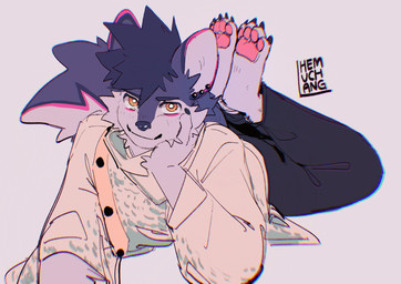 4_toes anthro ear_piercing feet fur grin grinning_at_viewer lying male on_front pawpads piercing pink_pawpads purple_body purple_fur slim_anthro slim_male smile smiling_at_viewer solo toes yellow_eyes hemuchang canid canine canis mammal wolf 2022 hi_res