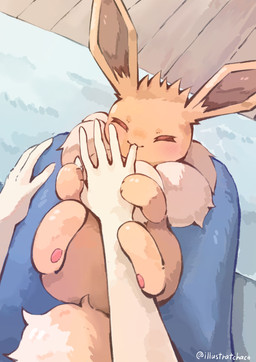 ambiguous_gender bite blush blush_lines brown_body brown_fur duo eyes_closed featureless_crotch feral finger_bite finger_in_mouth fur lying on_back on_lap pawpads paws playful tail chaco_(illustrattyako) nintendo pokemon eevee generation_1_pokemon human mammal pokemon_(species) 2025 absurd_res hi_res signature