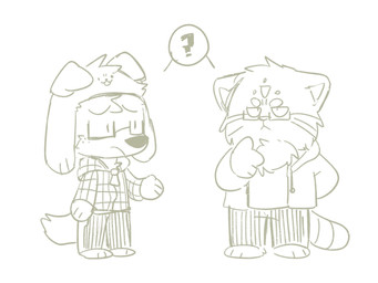 anthro bottomwear cheek_tuft chibi clothed clothing duo eyewear facial_tuft floppy_ears front_view glasses hand_behind_back head_tuft jacket male markings mouth_closed overweight overweight_anthro overweight_male pants question_mark rectangular_glasses simple_background simple_eyes speech_bubble standing striped_markings striped_tail stripes tail tail_markings three-quarter_view topwear tuft unsigned asnnonaka doghat_(asnnonaka) pallas_(asnnonaka) canid canine canis domestic_dog felid mammal 4:3 hi_res monochrome sketch
