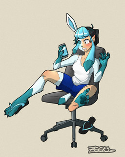 blue_bottomwear blue_clothing blue_shorts blus bottomwear can chair clenched_teeth clothing container female fingerpads furniture holding_can holding_container holding_object human_to_anthro office_chair pawpads shirt shorts simple_background sitting solo species_transformation teeth topwear transformation white_clothing white_shirt white_topwear zeeker19_(artist) nintendo pokemon eeveelution generation_4_pokemon glaceon human mammal pokemon_(species) 2026 4:5 hi_res