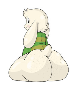 anthro big_butt big_ears blush bottomless butt clothed clothing femboy freckled_butt freckles green_clothing green_sweater green_topwear huge_butt looking_at_viewer looking_back looking_back_at_viewer male partially_clothed pattern_clothing pattern_shirt pattern_sweater pattern_topwear shirt shota simple_background sitting solo striped_clothing striped_shirt striped_sweater striped_topwear stripes sweater thick_thighs topwear white_background white_body wide_hips young young_male sketchssketchs undertale undertale_(series) asriel_dreemurr boss_monster_(undertale) bovid caprine goat mammal hi_res unavailable_at_source