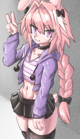 :3 absolute_territory accessory alternate_species anthro bottomwear bow_(feature) bow_accessory bow_ribbon braided_hair choker clothed clothing femboy furrification gesture hair hair_accessory hair_bow hair_ribbon hand_gesture jacket jewelry legwear long_hair looking_at_viewer male midriff navel necklace pattern_clothing pattern_topwear pink_hair purple_eyes ribbons skirt solo striped_clothing striped_topwear stripes thick_thighs thigh_highs topwear twin_bows twin_hair_bows v_sign wide_hips kemosara fate_(series) type-moon astolfo_(fate) lagomorph mammal 2019 digital_media_(artwork)