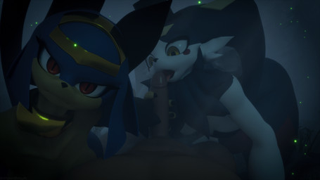 anthro assisted_sex black_body black_fur blue_hair breasts clothing duo faceless_character faceless_male female female_anthro forest fur genitals gold_(metal) group hair handjob hat headgear headwear interspecies jewelry licking looking_at_another looking_at_genitalia looking_at_penis looking_at_viewer male male/female male_on_anthro multicolored_body neck_tuft necklace night nipples open_mouth oral penile penis penis_lick pink_nipples plant red_eyes sex tongue tree trio tuft white_body white_fur yellow_body yellow_eyes whiskerwhimsy seriuswolf_(modeler) palworld pocketpair dupin_(seriuswolf) arthropod beetle dupin_(pal) elateroid felid feline firefly human insect lagomorph leporid mammal pal_(species) rabbit sekhmet_(pal) 16:9 3d_(artwork) digital_media_(artwork) hi_res widescreen