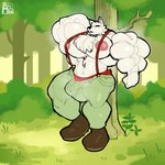 alternate_species anthro big_muscles biped bulge clothed clothing fur grass huge_muscles hyper hyper_muscles male muscular muscular_anthro muscular_male pecs plant solo tree supermattym8 rhythm_heaven woodcutter_bear canid canine canis mammal wolf 1:1 absurd_res hi_res