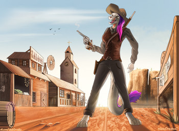4_toes barefoot barrel black_bottomwear black_clothing black_pants bottomwear brown_clothing brown_jacket brown_topwear cactus claws clothed clothing cowboy_hat cowboy_outfit desert detailed_background dragon_tail duel feet female fully_clothed fur grey_clothing grey_shirt grey_topwear gun hair handgun hat headgear headwear jacket knife open_mouth pants pawpads pink_hair plant ranged_weapon revolver scar shirt sky solo tail toe_claws toes topwear weapon western white_body white_fur white_tail wild_west xleb0rezka unspecified 2022 digital_drawing_(artwork) digital_media_(artwork) hi_res watermark