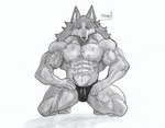 abs anthro barazoku clothing feet fur kneeling looking_at_viewer male muscular muscular_anthro muscular_male nipples pecs solo spread_legs spreading swimwear underwear wet wet_body wet_fur pinumontbalou brand_new_animal studio_trigger shirou_ogami canid canine canis mammal wolf hi_res monochrome