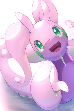 ambiguous_feral ambiguous_gender antennae_(anatomy) biped curled_tail feral green_eyes green_markings happy light markings open_mouth open_smile partially_submerged pink_tongue purple_body purple_tail smile solo standing tail thick_tail tongue water rumine nintendo pokemon generation_6_pokemon goodra pokemon_(species) 2025 2:3 hi_res lighting shaded