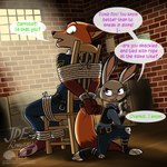 anthro barefoot biped bound buckteeth chair clothing cuff_(restraint) dart_gun dialogue duo feet female female_anthro furniture kneeling male male_anthro on_one_knee police police_uniform restraints rope shackles teeth text uniform jde10 disney zootopia judy_hopps nick_wilde canid canine european_rabbit fox lagomorph leporid mammal oryctolagus rabbit red_fox true_fox 1:1 english_text hi_res