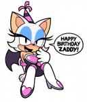 anthro birthday blush breasts cleavage clothed clothing female fully_clothed happy_birthday hat headgear headwear party_hat simple_background smile solo text white_background wings jpsupper third-party_edit sega sonic_the_hedgehog_(series) rouge_the_bat bat mammal english_text