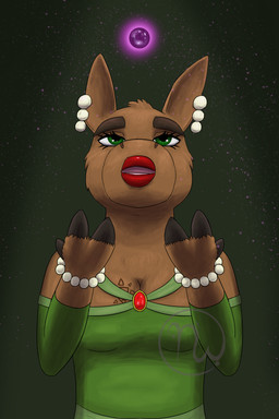 3_fingers anthro arms_bent breast_tattoo breasts brown_body brown_eyebrows brown_freckles brown_fur cheek_tuft cleavage clothed clothed_anthro clothed_female clothing duchess_(title) ear_piercing eyebrows eyelashes facial_tuft female female_anthro fingers freckled_face freckles front_view fur fur_tattoo gem glowing glowing_object green_background green_eyes hooved_fingers hooves lidded_eyes light lips logo looking_up open_mouth orb pearl_bracelet pearl_ear_piercing piercing pink_tongue red_lips ruby_(gem) simple_background solo sparkles tattoo thick_eyebrows thick_lips tongue tuft skywater eternal_forwardness wumba_mumba_moocett deer mammal moose new_world_deer 2026 2:3 absurd_res adobe_photoshop_(artwork) artist_logo colored digital_drawing_(artwork) digital_media_(artwork) english_description half-length_portrait hi_res lighting portrait shaded