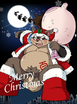 anthro balls belly big_balls black_nose blush clothed clothing flaccid genitals holidays humanoid_hands male moobs moon navel night nipples one_eye_closed overweight overweight_anthro overweight_male penis solo text wink mind_drive mizuse_higomaru christmas sengoku_puzzle momochi_sandayuu canid canine mammal raccoon_dog tanuki 2015 censored english_text hi_res