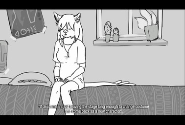 anthro bed bedroom bra breasts camera_view cellphone clothing discarded_clothing ear_piercing electronics female furniture genitals nipples phone piercing simple_background smartphone solo text underwear undressing video_call vulva jeanwoof ambiguous_species hybrid 2d_animation animated english_text frame_by_frame