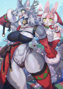 4_fingers abs accessory anthro antlers armband armwear bell bell_collar belt big_breasts biped black_bracelet black_clothing black_eyebrows black_nose blush blush_lines bottomwear bra bracelet braided_hair breasts brown_clothing brown_panties brown_underwear cheek_tuft christmas_clothing christmas_headwear christmas_legwear claws cloak clothed clothed_anthro clothed_female clothing collar crotch_tuft detached_sleeves duo evergreen_tree eyebrows eyelashes facial_tuft fangs female female_anthro finger_claws fingers fur gift green_clothing green_eyes green_legwear green_thigh_highs grey_body grey_fur grey_tail hair hair_accessory hairpin hand_on_head hat headgear headwear holding_object holding_sack holidays holly_(plant) horn inner_ear_fluff jewelry leather leather_bottomwear leather_clothing leather_panties leather_underwear legwear long_ears monotone_body monotone_fur multicolored_body multicolored_cloak multicolored_clothing multicolored_fur navel open_mouth panties pine_tree pink_body pink_fur pink_hair pink_inner_ear plant red_cloak red_clothing red_hat red_headwear red_legwear red_thigh_highs sack santa_hat size_difference sparkles tail teeth thick_thighs thigh_highs thin_eyebrows tongue tongue_showing tool_belt torn_clothing tree tuft two_tone_cloak two_tone_clothing underwear white_body white_bra white_cloak white_clothing white_fur white_inner_ear_fluff white_panties white_underwear rikose christmas canid canine canis lagomorph leporid mammal rabbit wolf 2025 digital_media_(artwork) hi_res