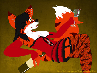 alcohol anthro arm_warmers armwear beverage blush breasts clothing corset crossed_legs dipstick_tail drunk facial_markings female fishnet_clothing fishnet_legwear frilly glass green_eyes hair head_markings holding_glass holding_object lacing legwear lingerie long_hair markings nipples piercing solo spill stripes substance_intoxication tail tail_markings topwear wine acethebigbadwolf trixen canid canine fox mammal 4:3 digital_media_(artwork) flat_colors portrait red_theme three-quarter_portrait watermark