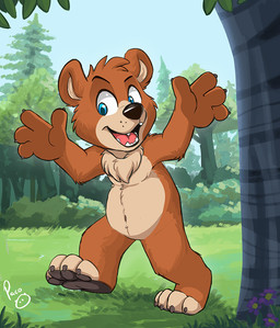 anthro blue_eyes blue_sky cheek_tuft day facial_tuft fangs featureless_crotch front_view fur glistening glistening_eyes grass head_tuft logo male male_anthro nude open_mouth open_smile orange_body orange_fur outside plant red_tongue sky smile solo standing tan_body tan_fur teeth tongue tree tuft young young_anthro young_male pandapaco bear mammal artist_logo signature