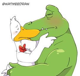 anthro beak_kiss blush bow_tie bow_tie_only butt butt_grab duo eyes_closed feathers green_body hand_on_butt kissing male male/male mostly_nude simple_background teeth touching_cheek white_background white_body white_feathers wing_fingers watmeedraw sitting_ducks aldo_(sitting_ducks) ed_(sitting_ducks) alligator alligatorid anatid anseriform avian bird crocodilian duck reptile scalie absurd_res hi_res