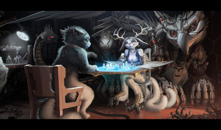 ambiguous_gender anthro antlers beak black_bars breasts chair chess cybernetics detailed_background fangs feet female fur furniture group hair horn lamp machine metallic_wings on_chair pink_eyes playing_chess science_fiction sitting sitting_on_chair size_difference smile surprised tail talons teeth toes wings lambdakat avian cyborg felid lagomorph mammal robot wolpertinger 2023 digital_media_(artwork) hi_res letterbox