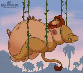 anthro areola belly big_belly claws fur hand_on_belly hanging_from_vine lying male mane midair moobs morbidly_obese morbidly_obese_anthro morbidly_obese_male mouth_closed navel nipples nude obese obese_anthro obese_male on_back overweight overweight_anthro overweight_male plant smile solo tail tail_tuft tuft vines whiskers husky2paws disney the_lion_king simba_(the_lion_king) felid lion mammal pantherine 2026 hi_res signature