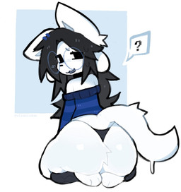accessory anthro big_butt black_clothing black_hair black_legwear black_thong black_underwear blue_clothing blue_sweater blue_topwear butt clothed clothing cute_fangs eyewear fangs female glasses hair hair_accessory hairclip legwear long_hair looking_at_viewer looking_back looking_back_at_viewer off_shoulder open_mouth pattern_clothing pattern_sweater pattern_topwear question_mark rear_view round_glasses simple_background sitting solo striped_clothing striped_sweater striped_topwear stripes sweater tail teeth thick_thighs thong topwear underwear wearing_glasses white_body third-party_edit vixenisdum undertale undertale_(series) temmie_(undertale) tem 2026 colored digital_drawing_(artwork) digital_media_(artwork) shaded