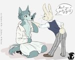 2021 5:4 absurd_res alternate_costume anthro anthro_on_anthro beastars bottomwear canid canine canis clothed clothing clothing_swap crossdressing dialogue domestic_rabbit dress duo dwarf_rabbit english_text female footwear fully_clothed fur grey_body grey_fur haru_(beastars) hi_res interspecies kneeling lagomorph larger_male legoshi_(beastars) leporid male male/female mammal oryctolagus pants partially_clothed predator/prey rabbit role_reversal shirt shoes size_difference smaller_female taiarts text topwear trans_(lore) trans_woman_(lore) vest white_body white_clothing white_dress white_fur wolf