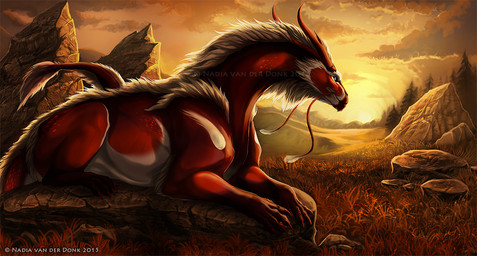 ambiguous_gender claws cloud detailed_background feral fur grass horn landscape lying mountain nature nude outside plant red_body rock sky solo sunset tail whiskers nadiavanderdonk mythology dragon furred_dragon furred_scalie mythological_creature mythological_scalie reptile scalie 2015 detailed distracting_watermark warm_colors watermark