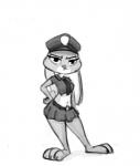 anthro barefoot biped bottomwear breasts clothed clothing costume feet female half-closed_eyes hand_on_hip hat headgear headwear looking_at_viewer midriff narrowed_eyes navel necktie police police_uniform simple_background skirt solo standing uniform white_background bluedouble disney zootopia judy_hopps lagomorph leporid mammal rabbit 2019 greyscale hi_res monochrome