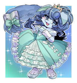 3_fingers 3_toes anthro black_nose blue_body blue_eyes blue_fur blue_hair book border bow_ribbon clothing crown dress drill_curls eyebrow_through_hair eyebrows eyelashes eyelashes_through_hair feet female fingers flat_chested floppy_ears fluffy fluffy_tail frilly frilly_clothing frilly_dress fur glass_slippers gloves gradient_background green_clothing green_dress hair hand_on_chest handwear headgear highlights_(coloring) holding_with_tail kemono long_tail patch_(fabric) simple_background smile smiling_at_viewer snout solo sparkles tail thick_eyelashes tiara toes translucent translucent_clothing translucent_hair translucent_shoes white_border white_clothing white_gloves white_handwear white_highlights k_39hope yu-gi-oh! fairy_tail-rella canid canine canis domestic_dog duel_monster mammal 2025 hi_res portrait signature