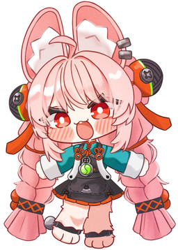 anthro barefoot blush braided_pigtails chibi clothed clothed_anthro clothing feet female flat_chested fully_clothed fully_clothed_anthro fur hair inner_ear_fluff open_mouth pink_body pink_fur pink_hair red_eyes simple_background solo topwear tuft white_background myappi_artenya mihoyo zenless_zone_zero zhao_(zenless_zone_zero) lagomorph leporid mammal rabbit thiren 2026 absurd_res hi_res