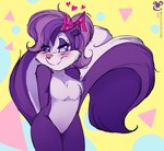 anthro big_tail blush blushing_profusely female fluffy_chest fur hair half-closed_eyes lidded_eyes multicolored_body multicolored_fur narrowed_eyes pink_bow pink_nose purple_body purple_fur purple_hair skunk_tail smile solo tail white_body white_fur white_striped_fur walliscolours tiny_toon_adventures tiny_toons_looniversity warner_brothers fifi_la_fume mammal mephitid skunk 2023 colored digital_drawing_(artwork) digital_media_(artwork) hi_res