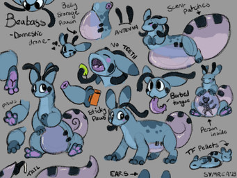 3_toes antennae_(anatomy) anthro barbed_tongue blue_body curled_tail feet feral inflation markings multicolored_body pawpads paws purple_body purple_pawpads purple_tail striped_markings striped_tail stripes tail tail_markings text toes tongue two_tone_body symrea 4:3 english_text sketch_page