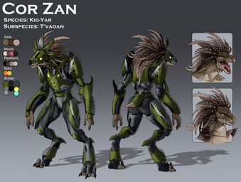 anthro arm_tuft armor brown_body brown_feathers butt claws cutaway digitigrade feather_hair feathered_crest feathers female finger_claws flat_chested full_armor glowing glowing_eyes head_crest headgear helmet open_mouth pseudo_hair pupils sharp_teeth short_tail shoulder_tuft slit_pupils solo spurs_(anatomy) standing tail teeth text toe_claws tuft yellow_eyes interstellarmachine halo_(series) microsoft xbox_game_studios cor_zan alien avian kig-yar scalie t'vaoan english_text hi_res model_sheet