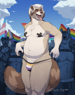 5_fingers abs anthro arm_hair athletic athletic_anthro athletic_male background_crowd body_hair bottomwear brown_body brown_claws brown_eyes brown_fur brown_hair brown_markings brown_nose bulge chest_tuft claws closed_smile clothed clothing clothing_pull cloud collar crowd crowded fangs fingers fur genitals gloves_(marking) group hair hairy hairy_legs harness highlights_(coloring) jockstrap jockstrap_only lgbt_pride looking_at_viewer looking_away male markings mouth_closed muscular muscular_anthro muscular_male nipples nonbinary_pride_colors open_mouth open_smile outside pasties pride_color_clothing pride_colors public rainbow_flag rainbow_pride_flag rainbow_symbol skimpy sky slightly_chubby slightly_chubby_anthro slightly_chubby_male smile smiling_at_another smiling_at_viewer straps stripes tail tan_body tan_ears tan_fur tan_hair teeth text thong tongue tongue_out topless transgender_pride_colors tuft underwear underwear_only underwear_pull drank_hyena scraps_manor canid canine canis felid hyena mammal pantherine procyonid raccoon tiger wolf 2025 absurd_res artist_name digital_media_(artwork) hi_res signature nonbinary_(lore)