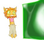 anthro barefoot bottomwear clothing cube domestic_cat feet felid feline felis female green_eyes humanoid humanoid_feet imminent_vore mammal monster oversized_bottomwear oversized_clothing oversized_pants pants plantigrade shelly_(waistdeep) solo waistdeep y2k_(fashion)