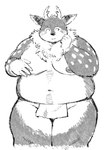 anthro antlers asian_clothing belly blush clothing east_asian_clothing embarrassed fundoshi fupa fur horn japanese_clothing male markings moobs navel nipples overweight overweight_male solo spots spotted_body spotted_fur underwear sv_grart tamacolle kazusa deer mammal greyscale hi_res monochrome