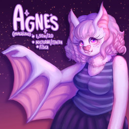 anthro bangs bottomwear clothing curly_hair cute_fangs eyelashes fangs female hair long_ears looking_at_viewer membrane_(anatomy) membranous_wings pink_body purple_clothing purple_eyes shirt skirt solo tank_top teeth text topwear wings payasa_espacial bat mammal 1:1 spanish_text
