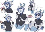 airborne_object anthro antlers blue_eyes blue_hair bodily_noises button_(fastener) button_pop cake clothing dessert different_sound_effects eating food hair heart_symbol horn inflation male muffin onomatopoeia overweight overweight_anthro overweight_male plop rumbling_stomach sad shortened_sound_effect slightly_chubby solo sound_effect_variant sound_effects text tongue unbuttoned vowelless vowelless_sound_effect wardrobe_malfunction weight_gain sir-prince deer mammal multiple_images