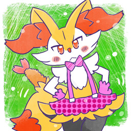 :< ambiguous_anthro ambiguous_gender anthro biped blush blush_stickers bottomwear bow_tie clothed clothed_ambiguous clothed_anthro clothing dipstick_tail featureless_crotch food front_view gloves hands_on_hips handwear looking_at_viewer markings mouth_closed no_pupils object_in_tail shrimp_(food) simple_background skirt solo standing suspenders tail tail_markings annyui0611 nintendo pokemon braixen canid generation_6_pokemon mammal pokemon_(species) 1:1 2024 digital_drawing_(artwork) digital_media_(artwork) hi_res japanese_description portrait three-quarter_portrait translated_description
