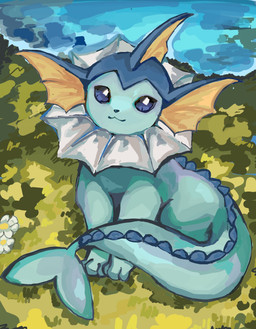 ambiguous_gender blue_body blue_eyes feral flower grass looking_at_viewer paws plant sitting solo water 6gzbjclnqu57784 nintendo pokemon eeveelution generation_1_pokemon pokemon_(species) vaporeon 2025 hi_res